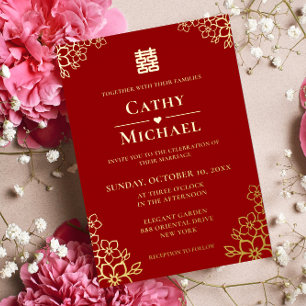 Invitation En Aluminium Mariage chinois floral rouge cerisier en fleurs