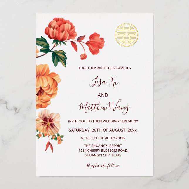 Invitation En Aluminium Mariage chinois Peony Flower Gold (Recto)