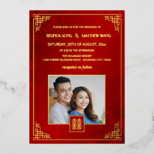 Invitation En Aluminium Mariage Chinois Photo Rouge Or BILINGUE