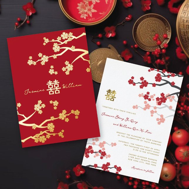 Invitation En Aluminium Mariage chinois Red Sakura Golden Double Bonheur (Red Sakura Cherry Blossoms Golden Double Happiness Chinese Wedding Real Foil Invitation @ fatfatin)
