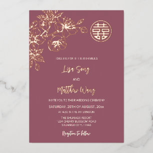 Invitation En Aluminium Mariage chinois rose de fleurs de cerisiers d'or