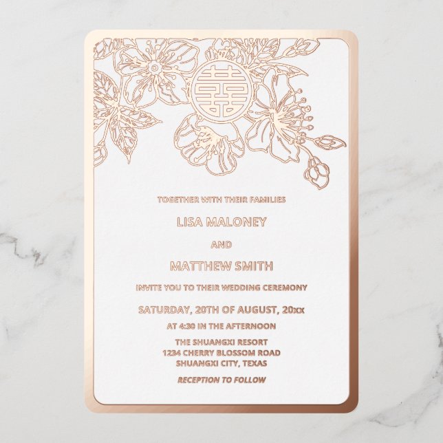 Invitation En Aluminium Mariage chinois rose de fleurs de cerisiers d'or (Recto)