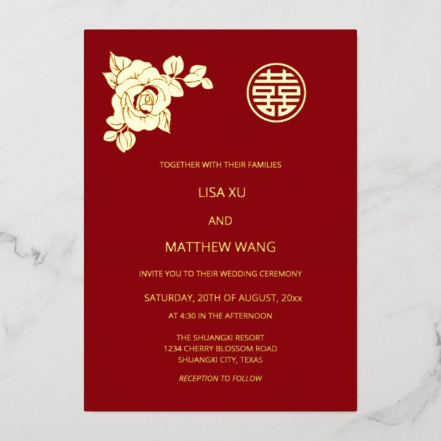 Invitation En Aluminium Mariage chinois Rose d'or (Recto)