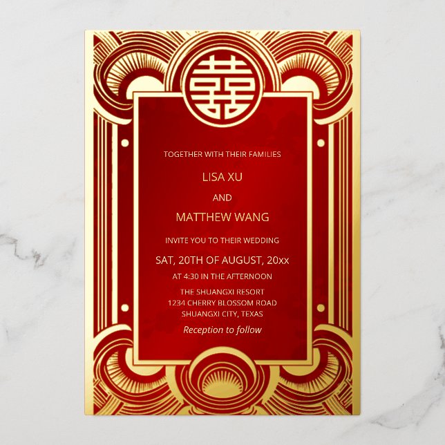 Invitation En Aluminium MARIAGE chinois rouge BILINGUAL Gold Frame (Recto)