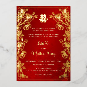 Invitation En Aluminium Mariage Chinois Rouge Cadre Or BILINGUE