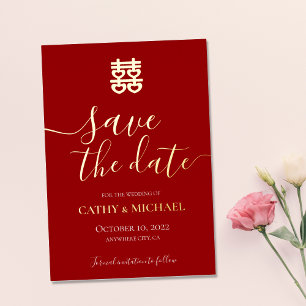 Invitation En Aluminium Mariage chinois vintage rouge et or, save the date