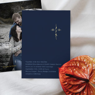 Invitation En Aluminium Mariage Chrétien Bleu Initiales Croix Or