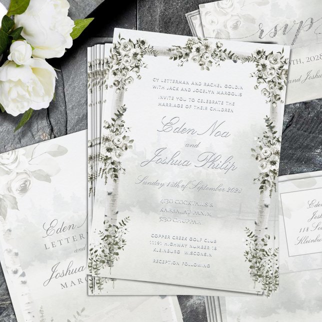 Invitation En Aluminium Mariage Chuppah de la forêt de bouleaux (Birch Tree Forest Chuppah Wedding Silver Foil Invitation. RSVP and envelope sold separately.)