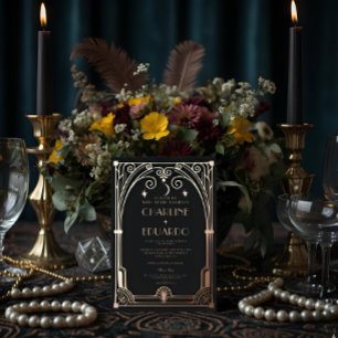 Invitation En Aluminium Mariage classique Art Déco élégant Black Gold des 