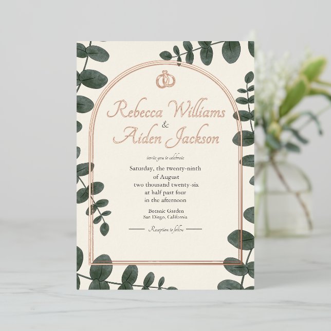 Invitation En Aluminium Mariage Classique Ivoire et Or Rose Feuille (Debout devant)