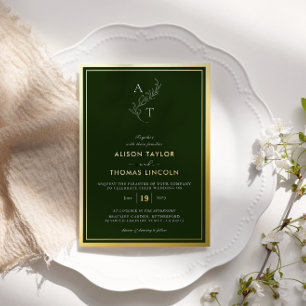 Invitation En Aluminium Mariage Classique Monogramme Or Vert Forêt Profond