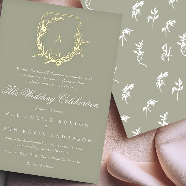 Invitation En Aluminium mariage classique sauge vert or monogramme (Créateur téléchargé)