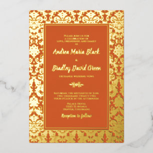 Invitation En Aluminium Mariage damassé Orange Real Gold Foil