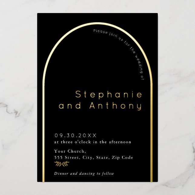 Invitation En Aluminium Mariage d'arc minimal noir, or blanc (Recto)