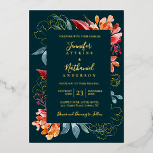Invitation En Aluminium Mariage d'automne Deep Teal Rouille Orange 