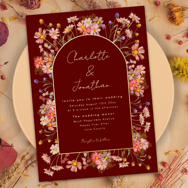 Invitation En Aluminium Mariage de automne fleur sauvage Burgundy Terracot (Gold foil script wildflower arch terracotta fall wedding)