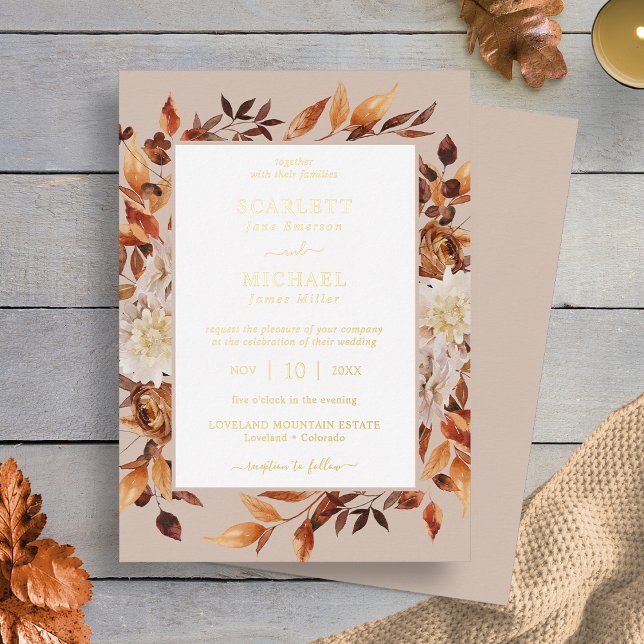 Invitation En Aluminium Mariage de automne Gold Modern (Gold Modern Fall Floral Taupe Wedding Foil Invitation by Painted Paperie
)