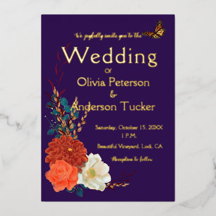 Invitation En Aluminium Mariage de automne Monarch Floral Purple Gold