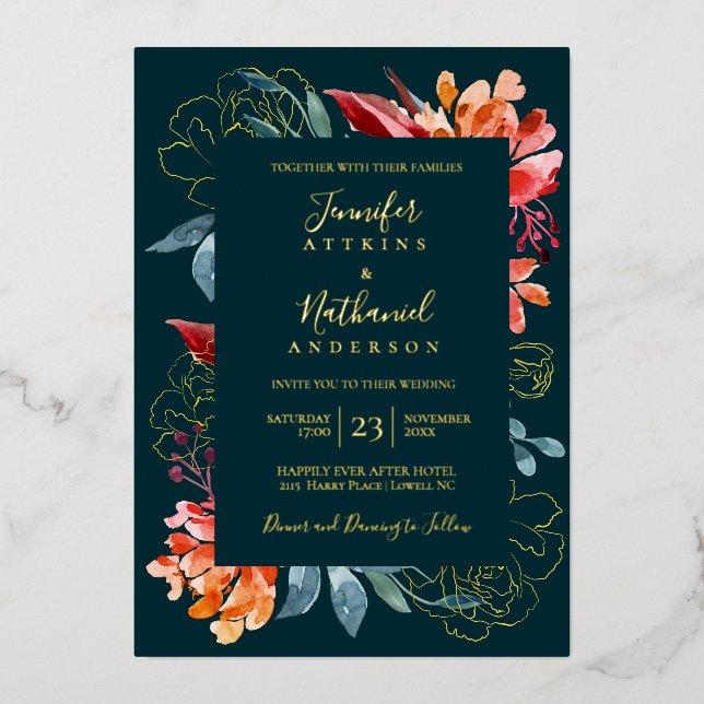 Invitation En Aluminium Mariage de automne orange rouille Turquoise profon (Recto)