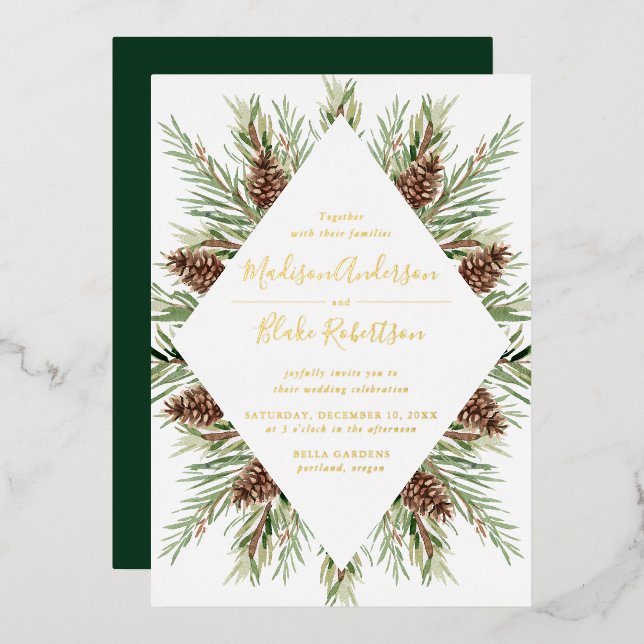 Invitation En Aluminium Mariage de cadre de cône de pin d'hiver (Recto/Verso)