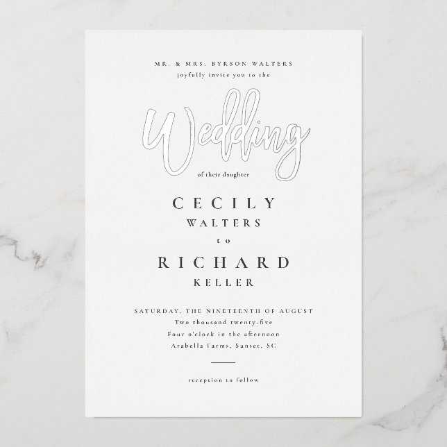 Invitation En Aluminium Mariage de calligraphie moderne Silver (Recto)