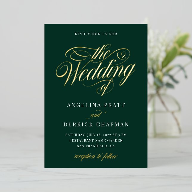 Invitation En Aluminium Mariage de calligraphie verte Emerald Gold Foil (Debout devant)