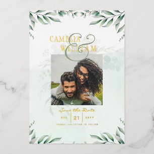 Invitation En Aluminium Mariage de CODE QR PHOTO Gold Foil Green Date de s
