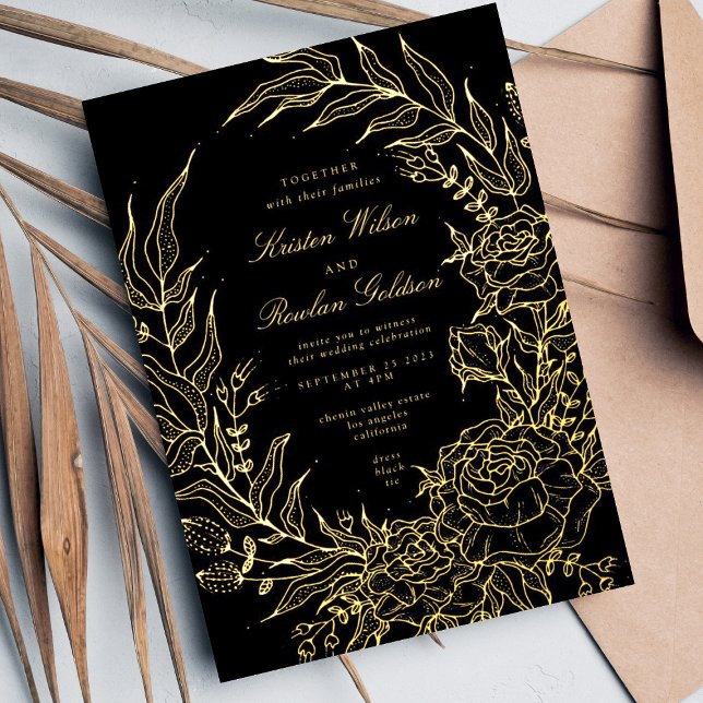 Invitation En Aluminium Mariage de couronne d'or à fleurs noires modifiabl (Créateur téléchargé)