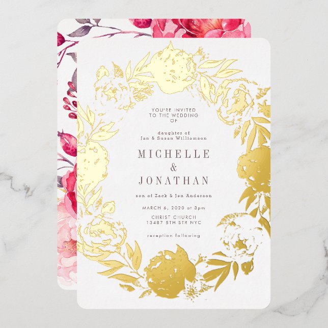 Invitation En Aluminium Mariage de couronnes à fleurs en or (Recto/Verso)