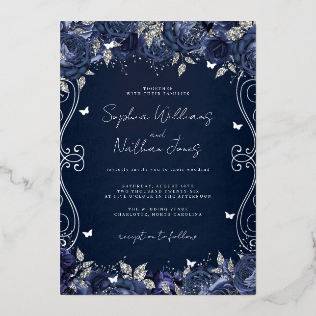 Invitation En Aluminium Mariage de défilement Silver de la marine (Recto)