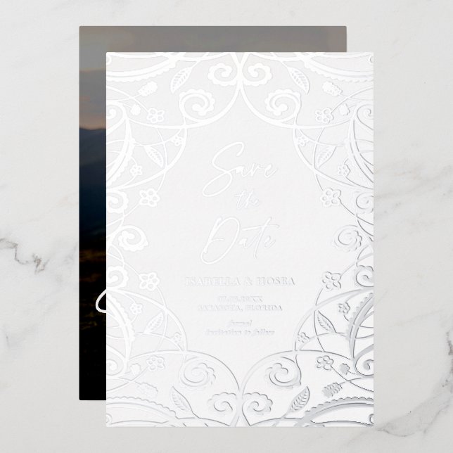 Invitation En Aluminium Mariage De Dentelle Argent Foil Photo Enregistrer  (Recto/Verso)