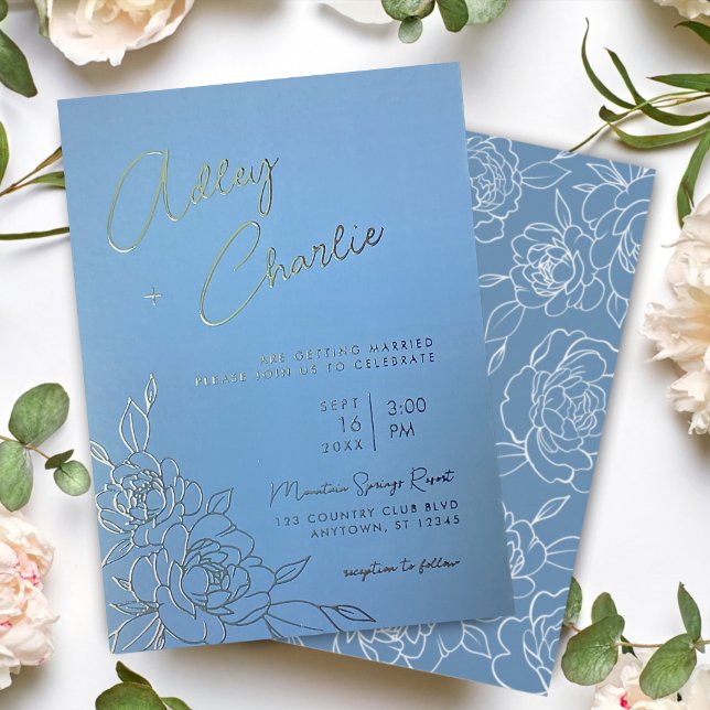 Invitation En Aluminium Mariage de dessin de ligne botanique bleu et blanc (Créateur téléchargé)