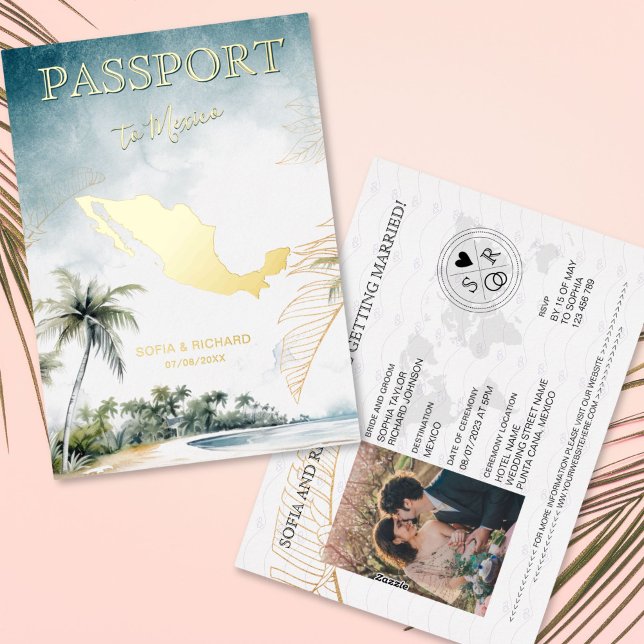 Invitation En Aluminium Mariage de destination au Mexique Passeport Or (gold foil Mexico map passport wedding invitation)
