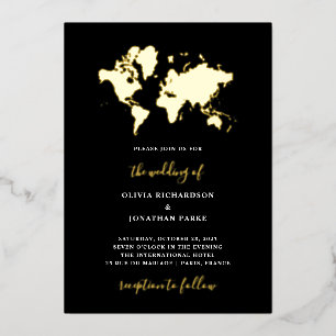 Invitation En Aluminium Mariage de destination   Black Elegant World Map G