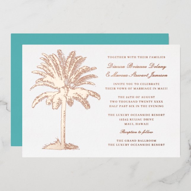 Invitation En Aluminium Mariage de destination sur l'île des palmiers Rose (Recto/Verso)