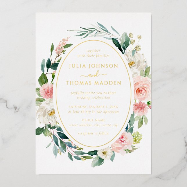 Invitation En Aluminium Mariage de feuillage Floral Gold Blush (Recto)