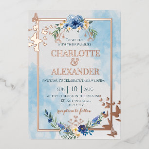 Invitation En Aluminium Mariage de feuille de papillon à fleurs bleues