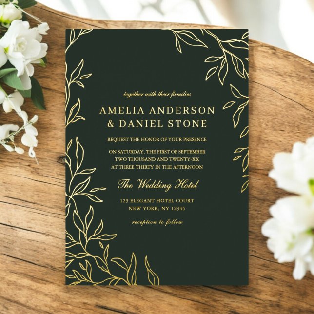 Invitation En Aluminium Mariage de feuille verte minimal or (Créateur téléchargé)