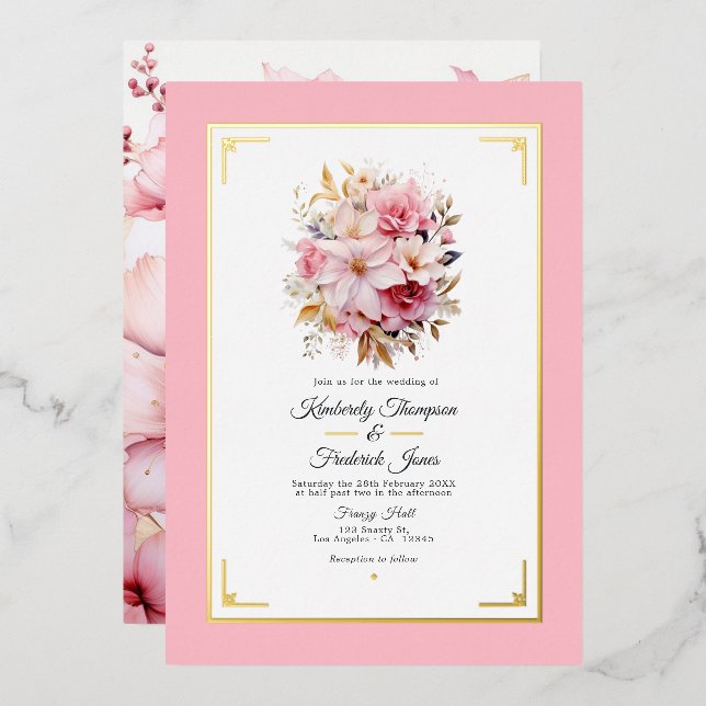 Invitation En Aluminium Mariage de fleurs rose et or (Recto/Verso)