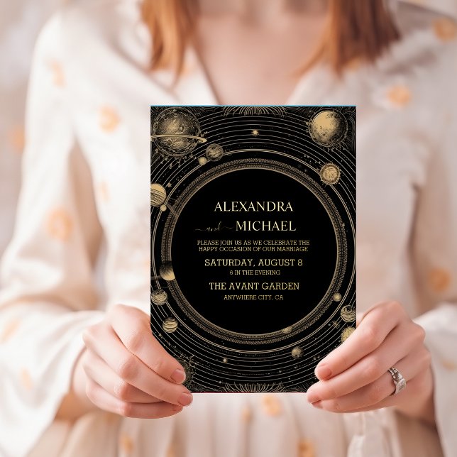 Invitation En Aluminium Mariage de galaxie céleste d'or noir mystique (Créateur téléchargé)