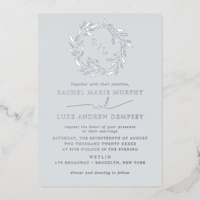 Invitation En Aluminium Mariage de gerbe de laurier botanique Monogramme (Recto)