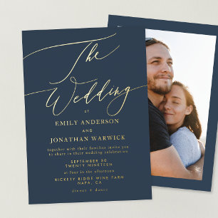 Invitation En Aluminium Mariage de la photo marine Blue Elegant Gold