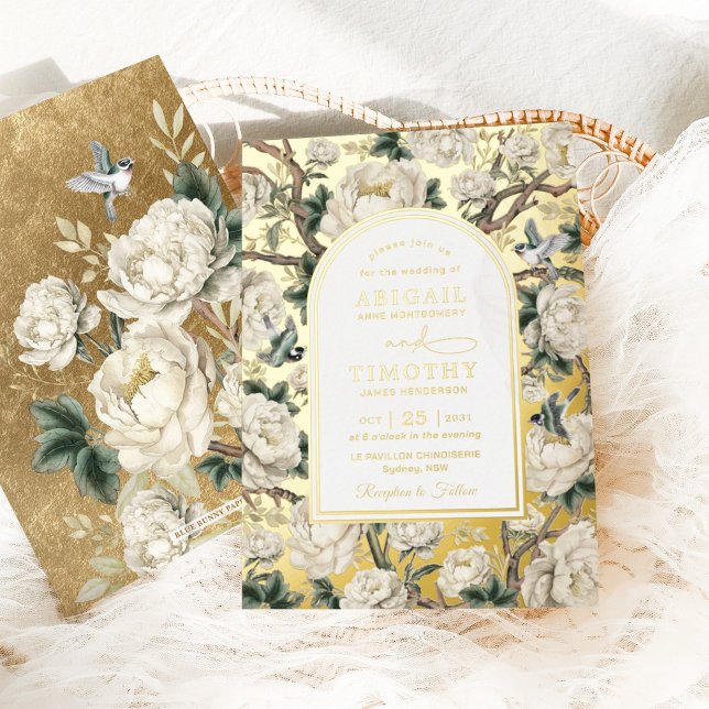 Invitation En Aluminium Mariage de luxe Chinoiserie Ivory Floral Birds (Créateur téléchargé)