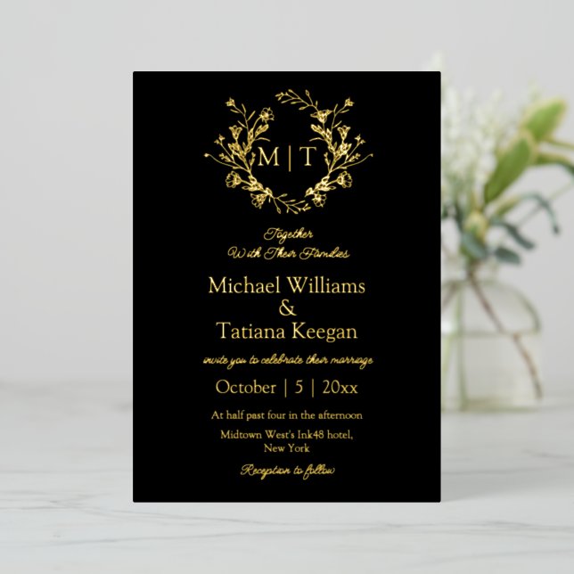 Invitation En Aluminium mariage de monogramme botanique moderne noir et or (Debout devant)