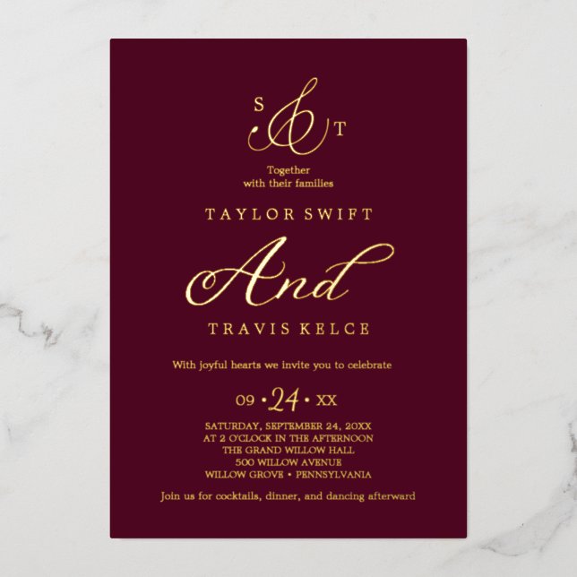 Invitation En Aluminium Mariage de monogramme officiel à huile d'or délica (Recto)