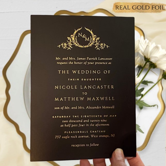 Invitation En Aluminium Mariage de monogramme officiel noir et d'or réel (Créateur téléchargé)
