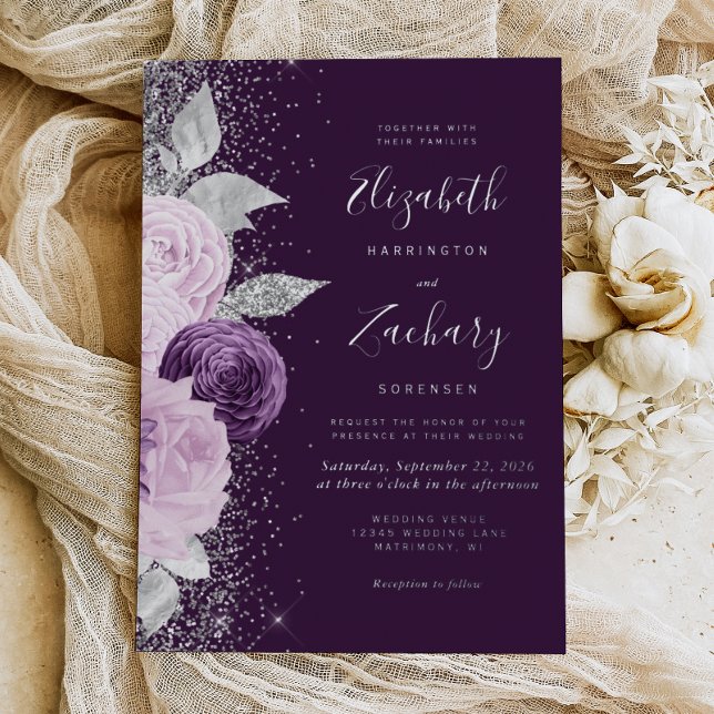Invitation En Aluminium Mariage de Parties scintillant d'argent floral vio (Créateur téléchargé)