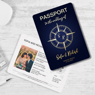 Invitation En Aluminium Mariage de passeport Destination Gold Compass Mono