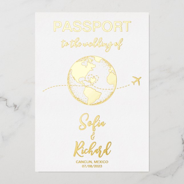 Invitation En Aluminium Mariage de passeport Destination Gold Foil World C (Recto)