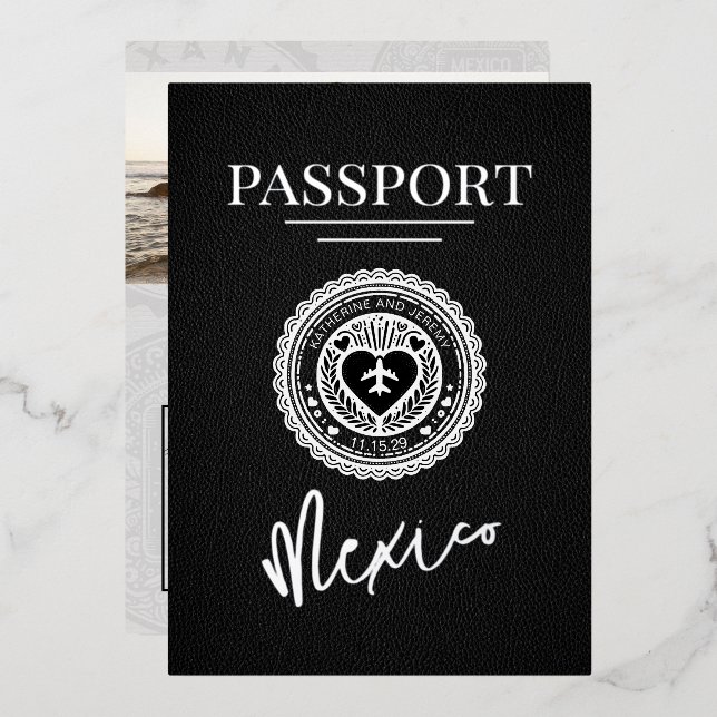 Invitation En Aluminium Mariage de passeport du Mexique noir (Recto/Verso)